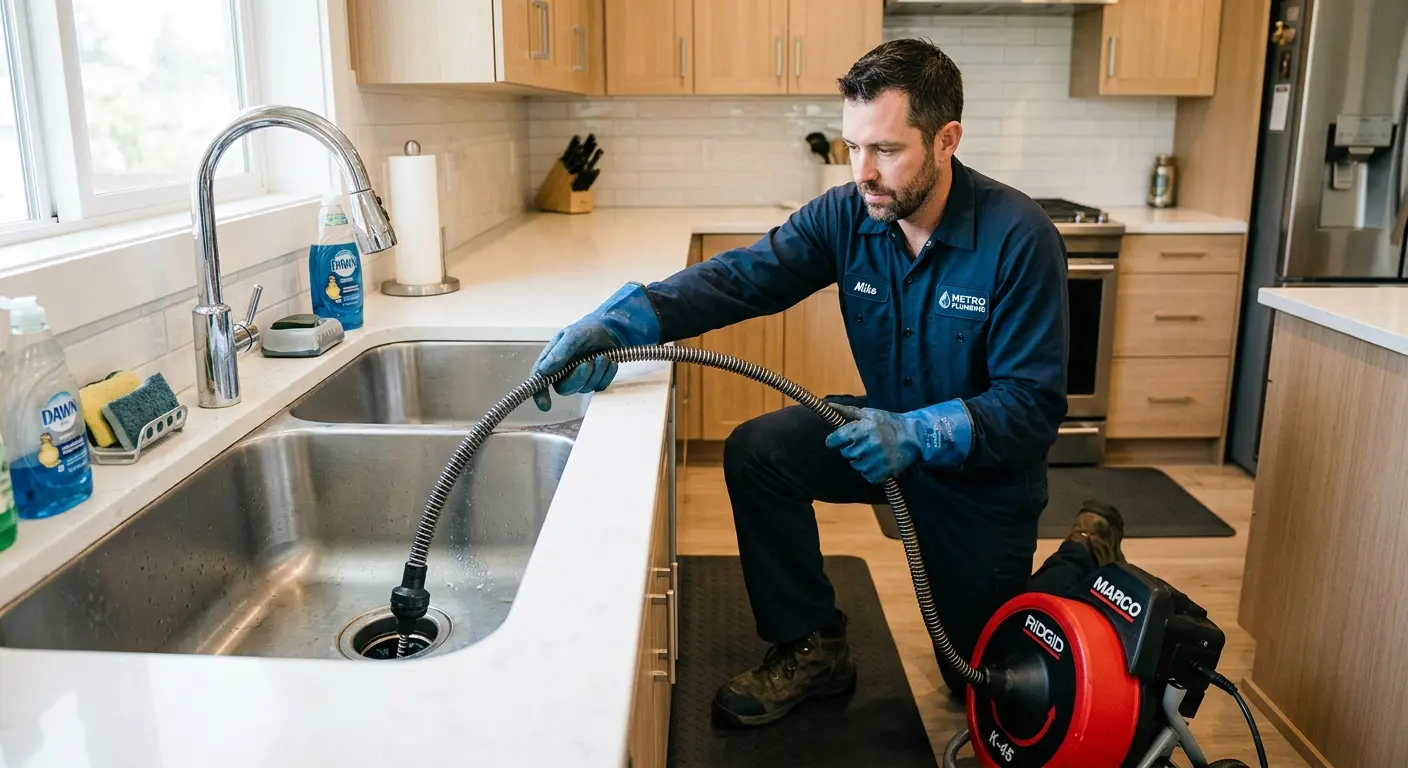 Drain cleaning technician using a motorized snake on a kitchen sink in Catalina Foothills