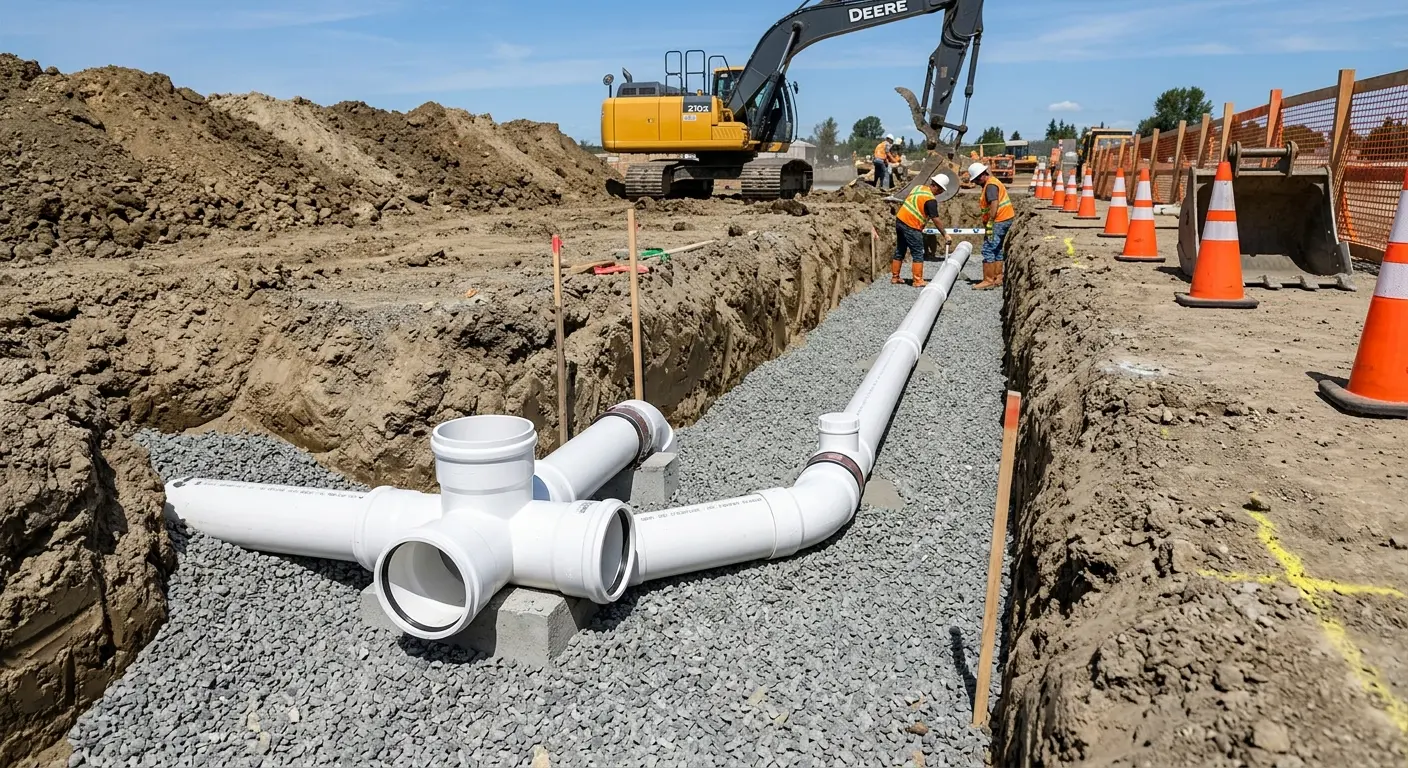 New PVC sewer pipe installation in open trench for Commercial Drain Cleaning in Catalina Foothills