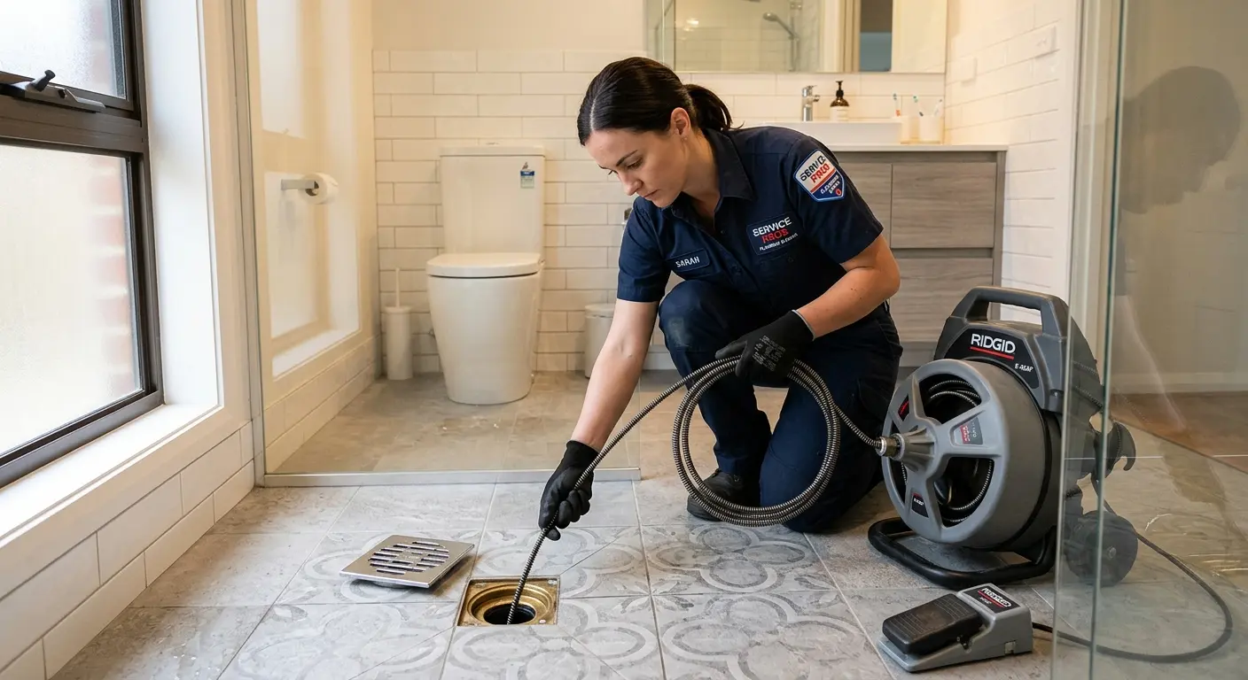 Technician clearing a bathroom floor drain for Sewer Line Replacement in Catalina Foothills